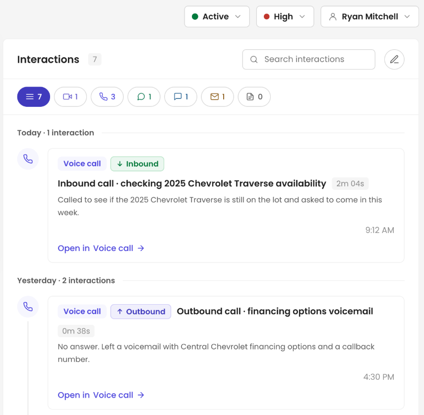 Lead 360 interaction timeline