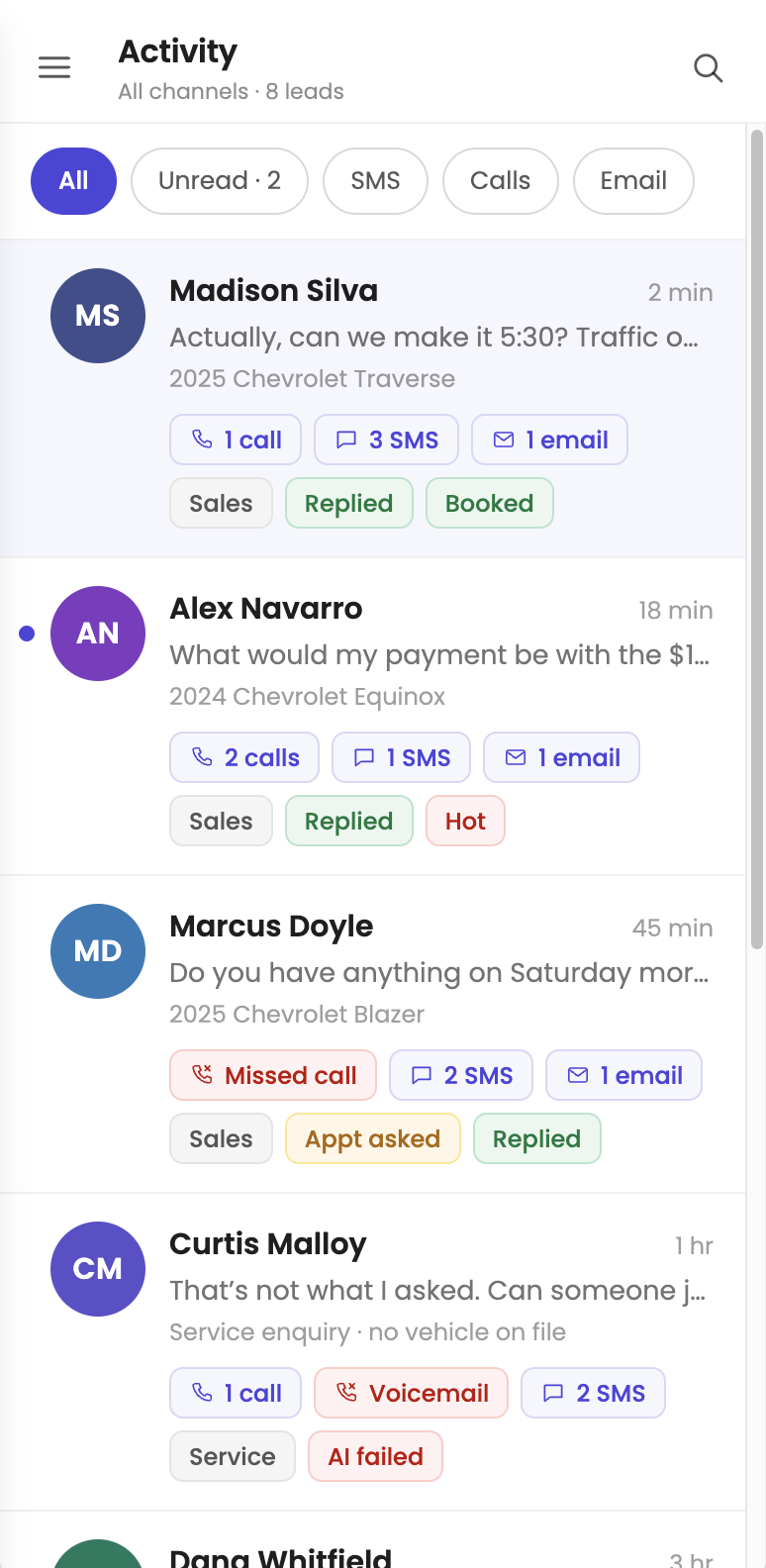 Mobile activity inbox across calls, SMS, and email